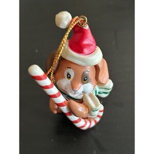 Christmas Bunny Ornament With Santa Hat & Candy Cane Vintage Collectible